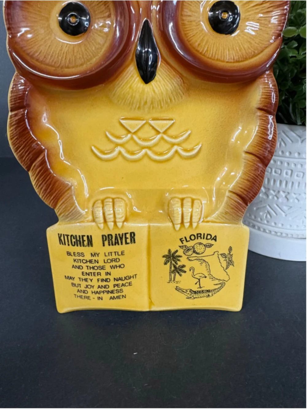 Vintage Ceramic Owl Kitchen Prayer Wall Plaque Florida Decor One Size Yellow 70s